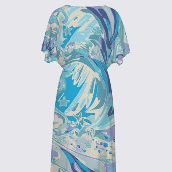 Tropical Tidepool Swirl - Ocean Wave Pattern in Cool Blues Sarah V-neck Dress - Picture 3 of 4